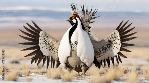 Male Great Sage Grouse, Centro cercus urophasianus, performing mating display on a breeding ground with light snow in the background. photo