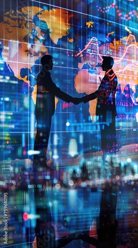 Abstract financial chart and map on office background with two businessmen handshake