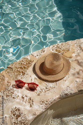 a hat, sunglasses, and red sunglasses lay on the edge of a pool