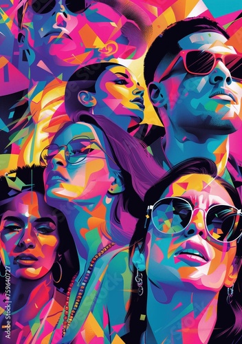 Wallpaper Mural Vibrant Pop Art Portrait of LGBTQIA+ Group Wearing Sunglasses. Bold and Colourful Abstract Poster with a Modern Art Style Celebrating Diversity Torontodigital.ca