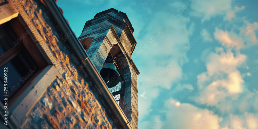 Old Retro Bell Tower Against Blue Sky background with copy space. Orthodox bell tower of a traditional church with cross on top. Bell ringing, the work of the bell ringer. - obrazy, fototapety, plakaty 