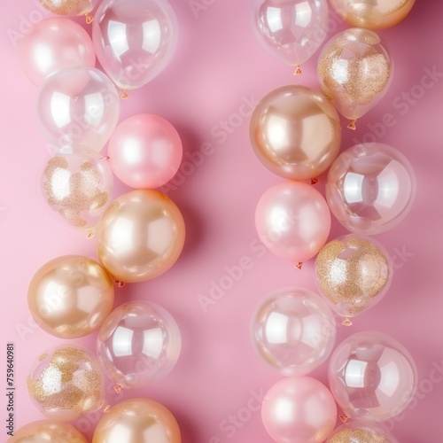 Beautiful festive minimalistic pink background with gold and clear balloons o...