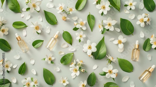 Spring Cosmetic Concept. Delicate white spring flowers and green leaves set a...