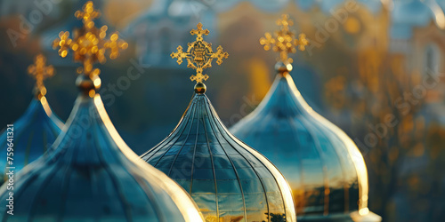 Big Domes with cross of Orthodox Church. Metal Dome of Orthodox Church top. photo