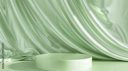 On a green background, there is a display podium with a satin wave curtain