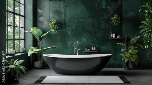 Beautifully modern dark bathroom interior in loft style. Dark green and black tones