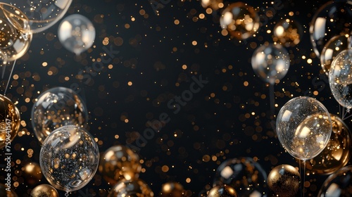 Beautiful festive minimalistic black background with gold and clear balloons on the sides