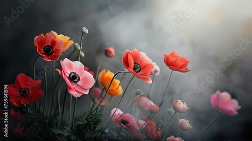 Beautiful red, orange, pink anemone flowers in the fog on a dark background #759641594