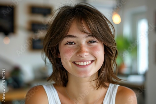 a joyful and charming teenage girl with a hairstyle, beaming widely, white te...
