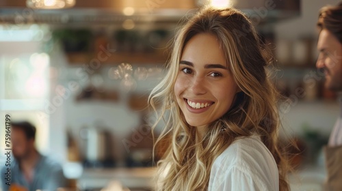 Beautiful young woman having breakfast while standing at the stove in the kit...