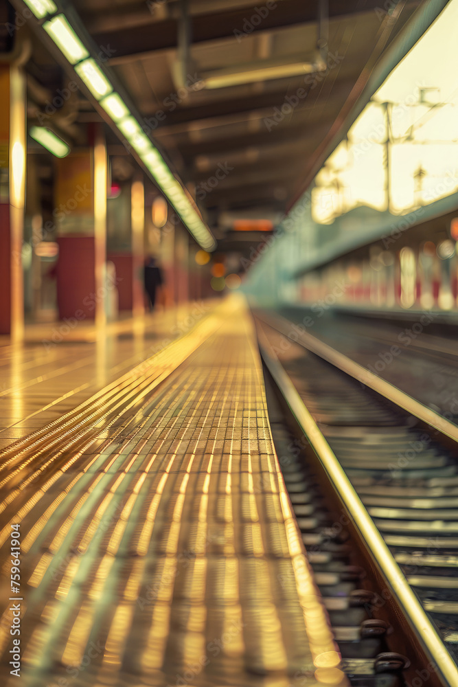 Fototapeta premium Deserted empty Train Platform Perspective. Outdoor Train station, platform and tracks, floor brace stoppers.