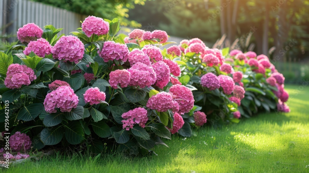 Beautiful bright background of a summer garden with a flowering pink hydrangea bush