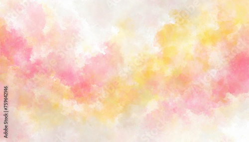 Artistic pink, yellow and white watercolor background with abstract cloudy sky concept. Grunge abstract paint splash artwork illustration. Beautiful abstract misty fog cloudscape wallpaper.