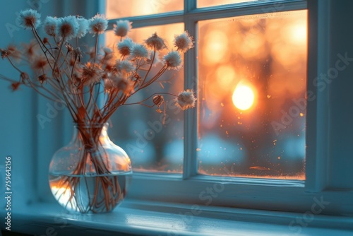 A vase filled with fluffy dried flowers sits on a window sill