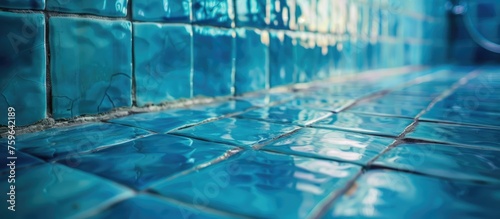 Close-up of blue bathroom tiles