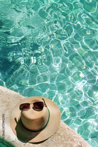 a hat and sunglasses sitting near the pool
