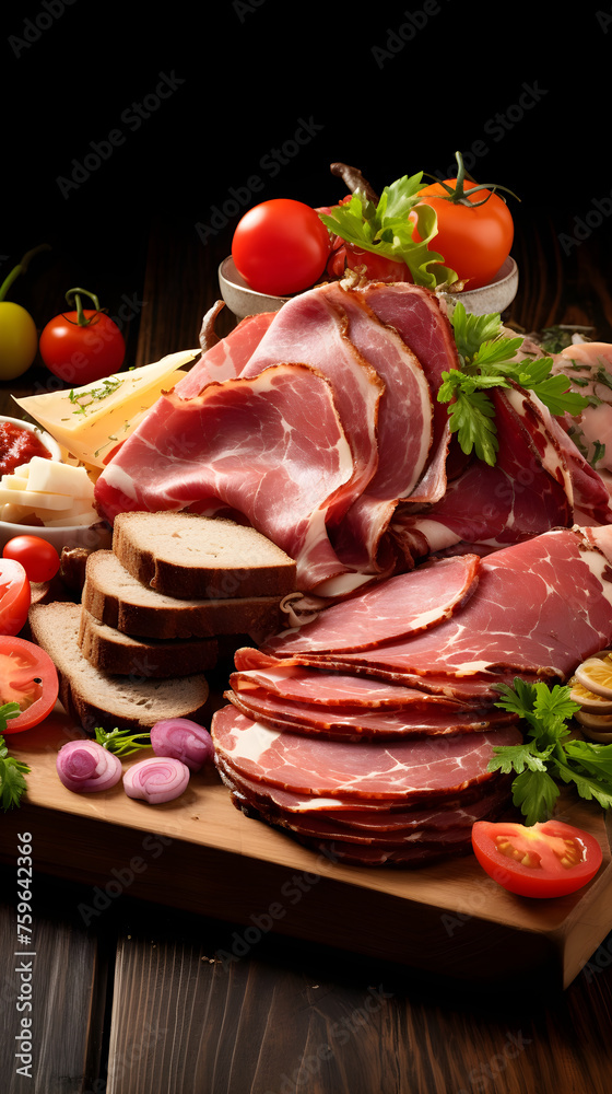 Assortment of Freshly Sliced Deli Meats on a Wooden Cutting Board