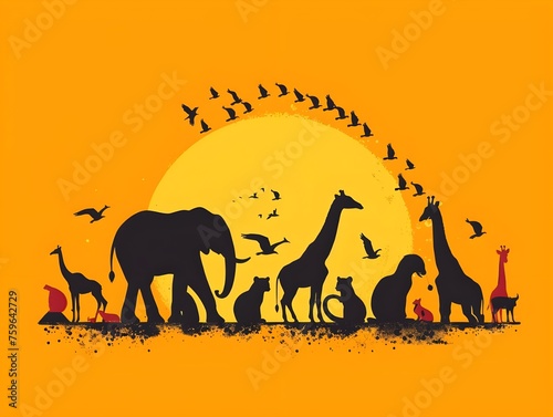 silhouette of Animals on a sunshine background for the concept of Endangered Species Day or Wildlife Day