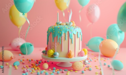 a colorful birthday cake on pink background with balloons