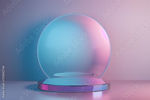 podium platform in blue and pink gradient, featuring an empty display with a ...