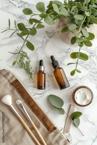 A makeup bag containing natural cosmetic products placed on a marble desk