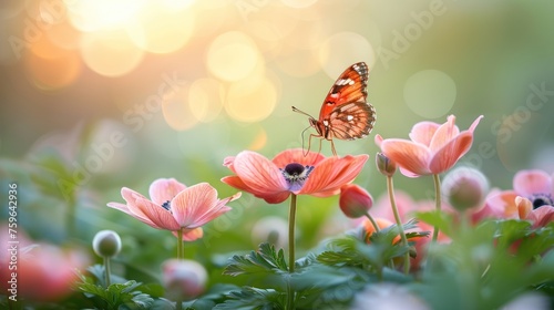 Fresh pink anemone flowers bloom on a beautiful spring morning in nature