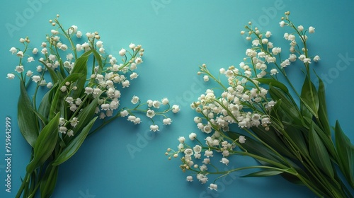 A beautiful bouquet of White lilies of the valley lies on the left on a blue ...