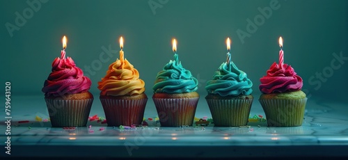 five cupcakes with candles in center