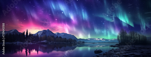Tranquil Lake Under Starry Aurora Borealis Sky