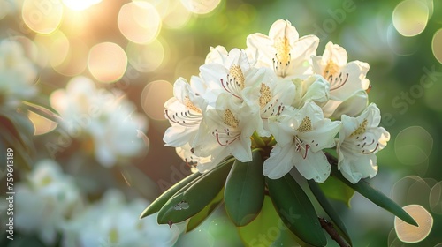 Beautiful bright background of a summer garden with a flowering white rhodode...