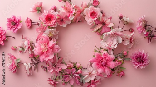 Flowers composition. Wreath made of pink flowers on pink background. Flat lay...