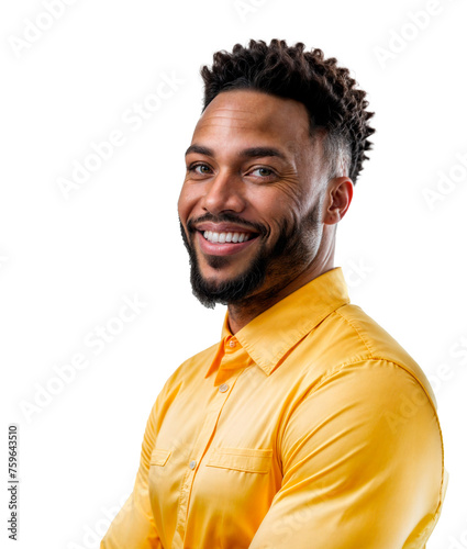 A man with a beard and short hair, wearing a yellow shirt and smiling while looking at the camera.
