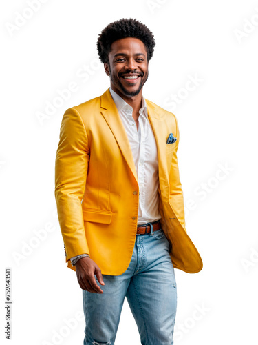 A man with a beard and afro stands wearing a yellow blazer and light blue jeans. He is smiling and appears to be happy.