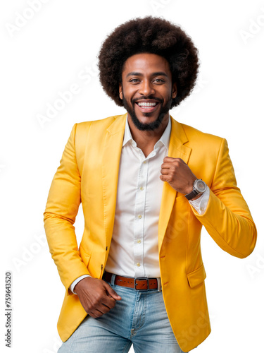 A man with an afro and wearing a yellow blazer smiles at the camera.