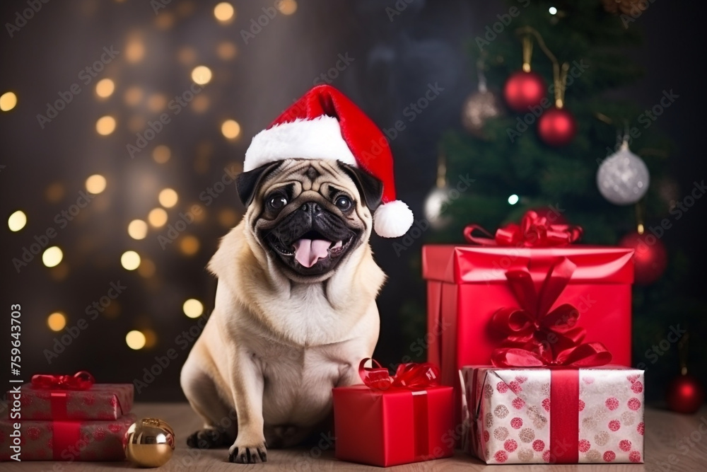 pug in a santa claus hat holds a gift in his teeth near the christmas tree at home in a modern light interior created with Generative Ai
