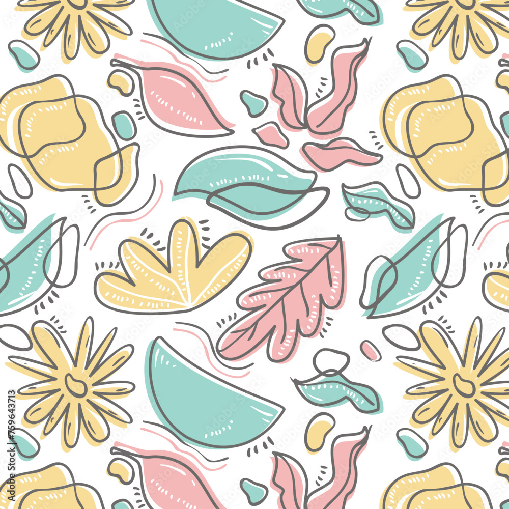 Obraz premium Cute vector pattern with matisse style shapes. Abstract colorful horizontal background of simple organic shapes and lines. Contemporary doodle art backdrop. Hand drawn random figures, blobs, scribble