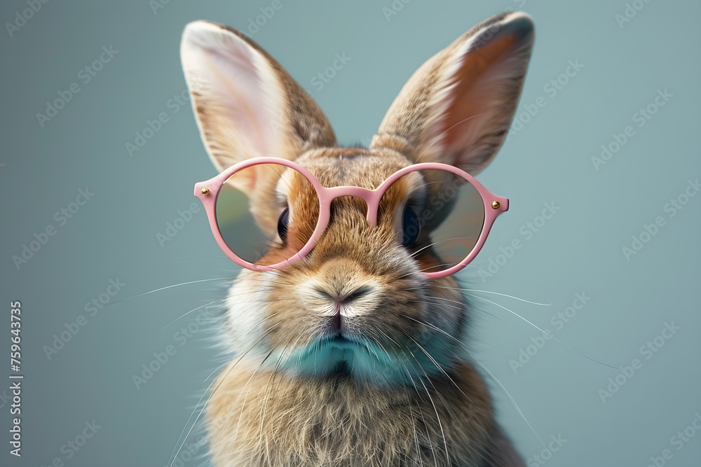 Portrait of Easter bunny wearing pink glasses. Perfect for Easter holiday celebrations and decorations.