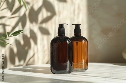 two bottles of shampoo sitting on a white table on background