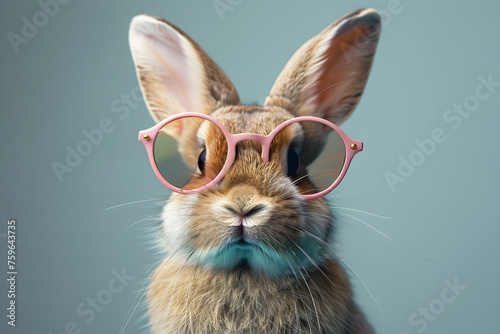 Portrait of Easter bunny wearing pink glasses. Perfect for Easter holiday celebrations and decorations. © NE97