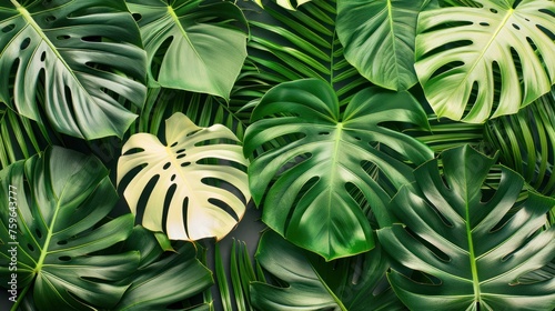 Abstract background of green palm leaves, flat lay