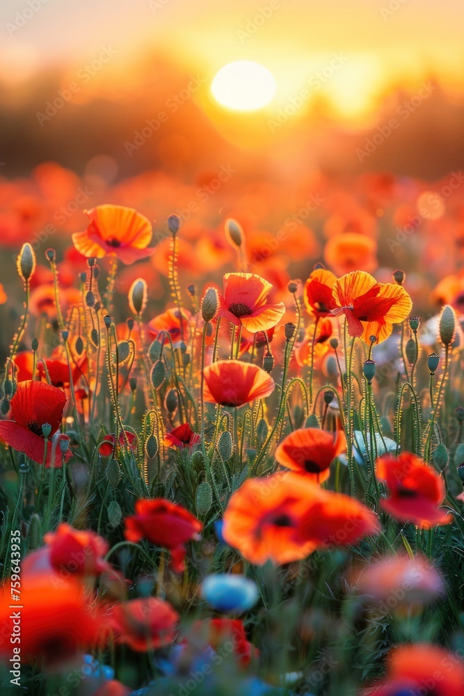 Obraz premium Beautiful field with poppies at sunset. There are poppy flowers below and green grass above the sun