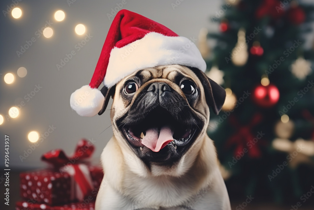 pug in a santa claus hat holds a gift in his teeth near the christmas tree at home in a modern light interior created with Generative Ai pug in a santa claus hat holds a gift in his teeth near the christmas tree at home in a modern light interior created with Generative Ai