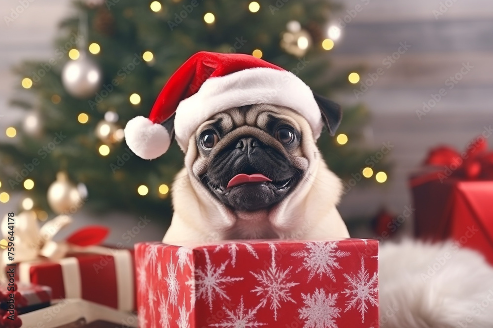 pug in a santa claus hat holds a gift in his teeth near the christmas tree at home in a modern light interior created with Generative Ai