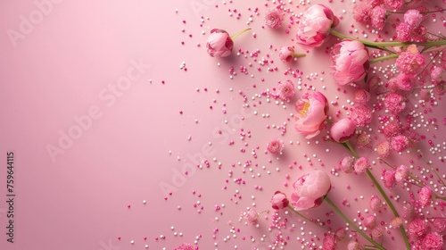 International Women's Day. A top-down image featuring pink peony rosebuds and...