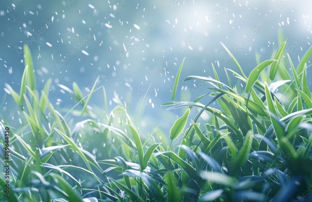 Fototapeta premium green grass over blue bokeh background