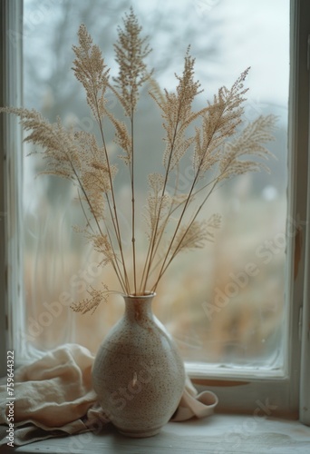 a vase with dried ryegrass next to a window