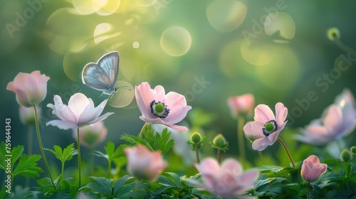 Fresh pink anemone flowers bloom on a beautiful spring morning in nature