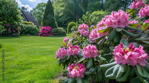 Beautiful bright background of a summer garden with a flowering pink rhododen...