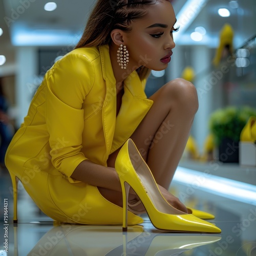 Beautiful young woman trying on yellow stiletto pumps in a store