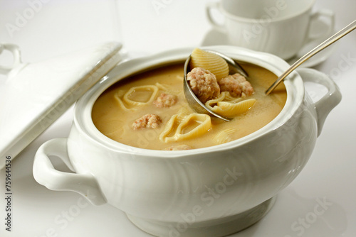 Galets soup with meatballs. Escudella. Typical from Catalonia, Spain.